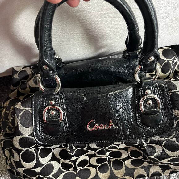 Coach Ashley Signature Logo Satchel Handbag Purse F15440 Black Leather Sateen - Picture 3 of 11